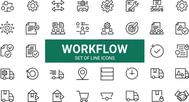 Mega workflow icon bundle covering industrial logistics shipping distribution operations supply chain management and automated process engineering linear
