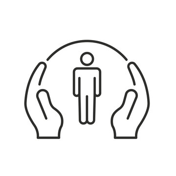 Hands shielding a protective icon of a person from harm and danger