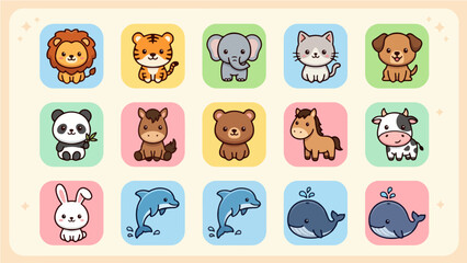 Obraz premium Cute cartoon animal avatar icon set featuring kawaii style lion, tiger, elephant, panda, and marine life characters on colorful square backgrounds