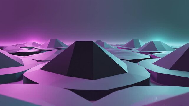 3D illustration of purple pyramids in a desert landscape