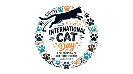 Naklejka premium International Cat Day Floral Paw Wreath Cat Celebration Vector Illustration