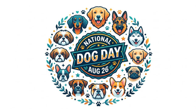 National Dog Day Cute Dog Breed Wreath Pet Celebration Vector Illustration