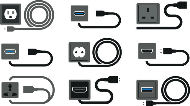 Electrical Outlet and Cable Icon Set with Power Plug USB HDMI and Charging Port Symbols for Technology Infographics Websites Apps and Vector Designs