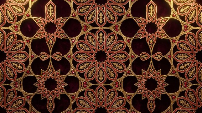 Intricate gold and ruby filigree pattern on dark red velvet
