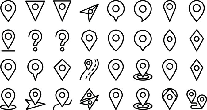 Map Pin Location Icon Set with Navigation Pointers, Route Guides, Question Markers, and Geometric GPS Elements for Mobile App UI and Digital Travel Layout Designs