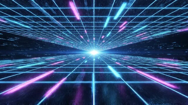 Vibrant neon light beams radiate from a central point on a futuristic grid background
