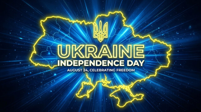 Ukraine Independence Day Celebration Neon Map and Emblem Banner