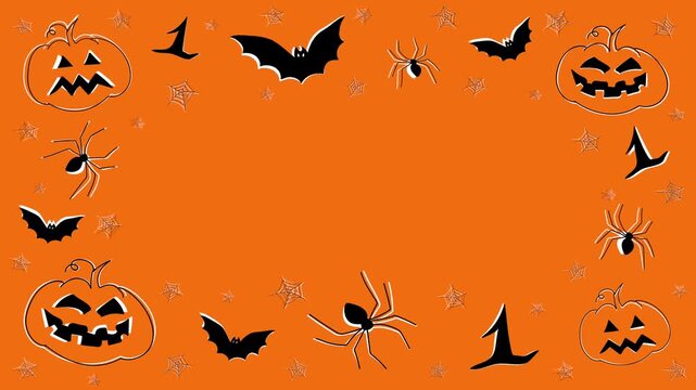 Animated halloween frame with pumpkins bats spiders and witch hats on orange background.