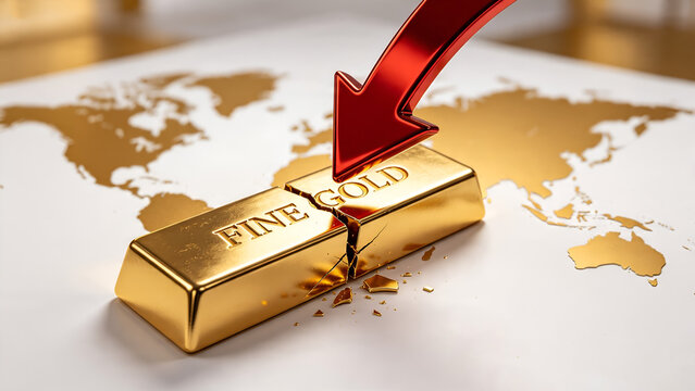 Broken fine gold bar cracked by a falling red metallic arrow over a white and gold world map background conceptualizing global economic market crash.