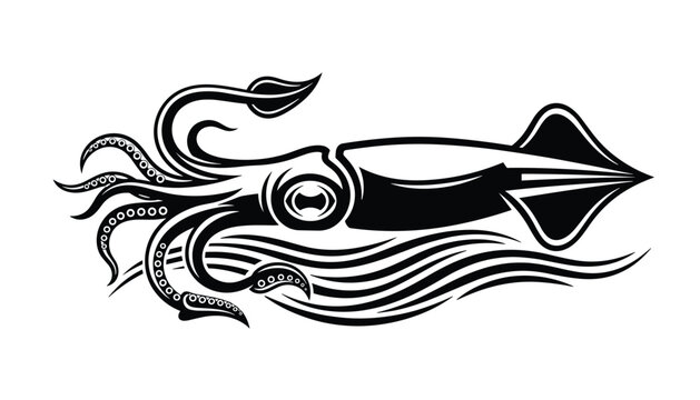 Black and white tribal style tattoo illustration of a large squid or kraken with long tentacles swimming in the ocean.