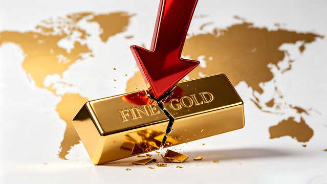 Broken fine gold bar cracked by a falling red metallic arrow over a white and gold world map background conceptualizing global economic market crash.
