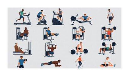 Fototapeta premium Male Gym Exercises Collection Cardio Strength Training Vector Illustration