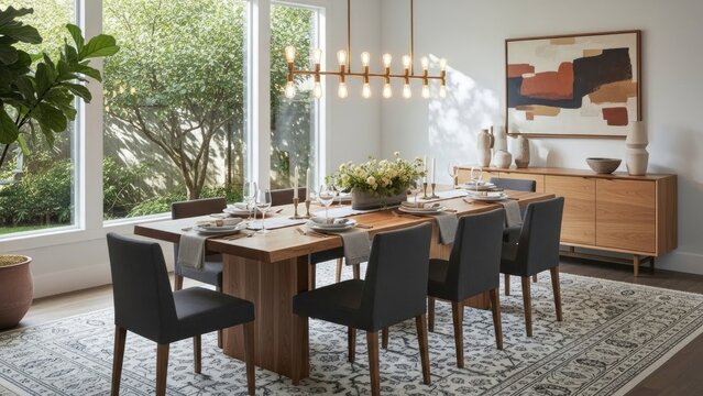 Bright dining room with long wooden table, chairs, light fixture and large window