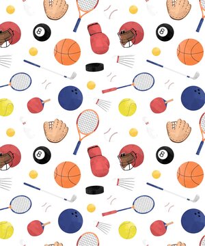 Seamless sport school pattern featuring fun athletic equipment illustrations everywhere
