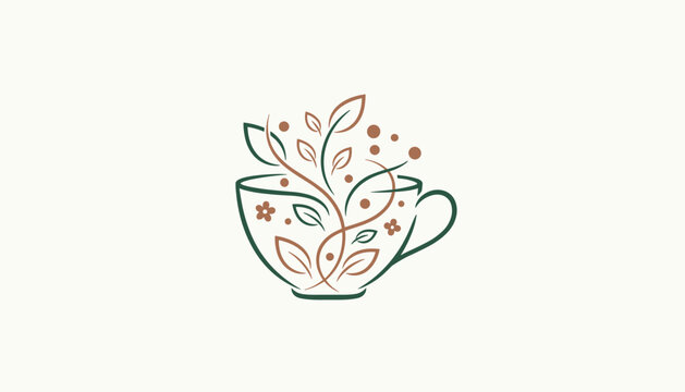 Minimalist logo design of a green tea cup with stylized branches and leaves growing out of it to represent natural organic beverages.