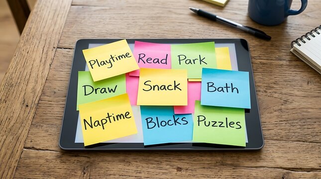 Daily Routine Activities on Sticky Notes on Tablet
