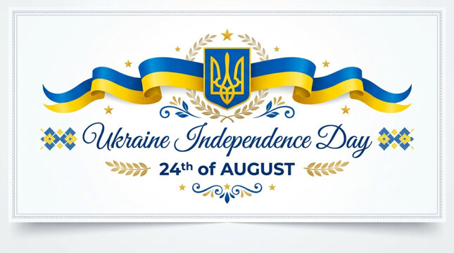 Ukraine Independence Day Banner with National Flag Ribbon and Trident