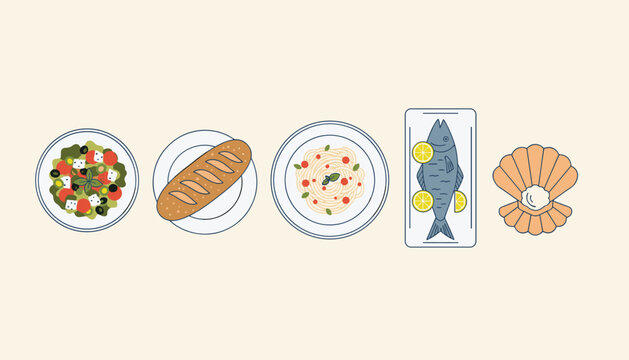 Selection of mediterranean dishes including salad, bread, spaghetti, grilled fish with lemon, and a seashell with a pearl.