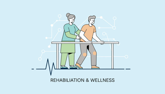 Medical professional assisting a man during a physical therapy rehabilitation session using parallel bars in a clinic.