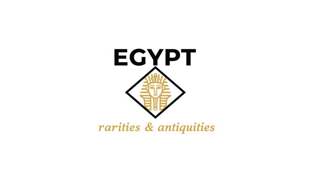 Formal logo for egypt rarities and antiquities featuring a golden pharaoh head emblem inside a black diamond shape.