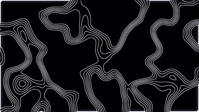 Abstract bright outline topographic contour map animated on black background. Moving irregularly shining line background. Smooth wave motion and moving terrain lines. Minimalism wavy lines animated.