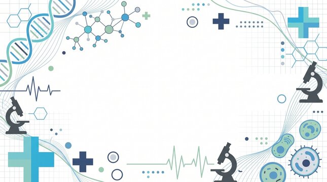 Dynamic abstract scientific and medical background with various biological elements, DNA, microscopes, and molecular structures creating a modern healthcare research banner