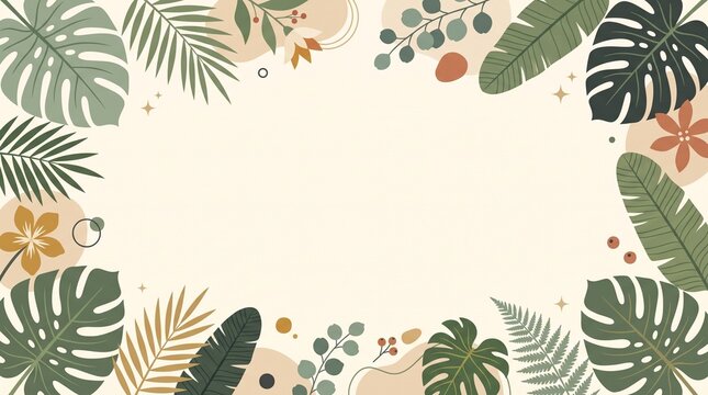 Vibrant tropical leaves and abstract botanical elements create a stylish decorative frame, perfect for summer backgrounds, invitations, or nature-themed designs with a fresh aesthetic