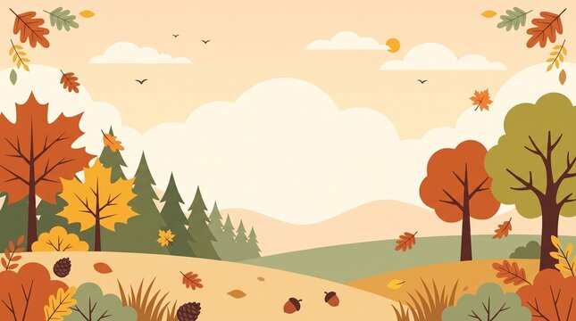Charming autumn season illustration showcasing a serene natural landscape with warm-colored trees, falling leaves, and a clear sky, perfect for seasonal designs