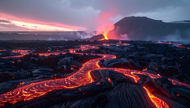 Volcanic lava flow at dusk landscape.