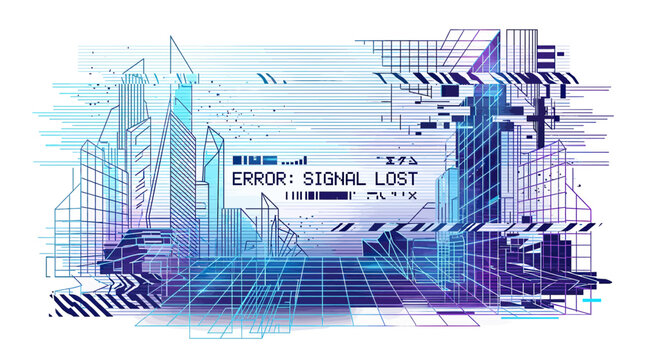 Digital cityscape glitch background with signal lost error message