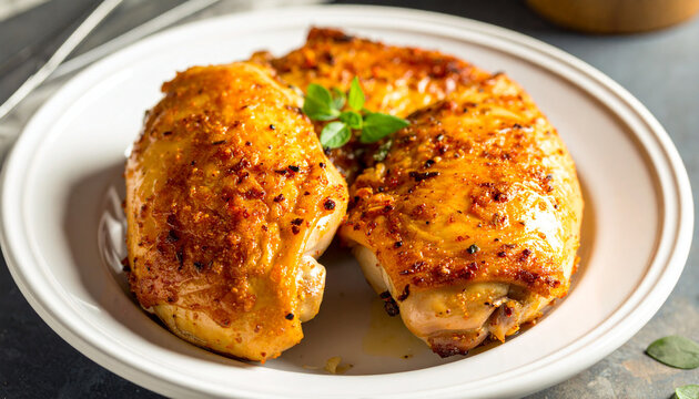 Roasted chicken breast fillets served on white ceramic plate with culinary delicious nutrition