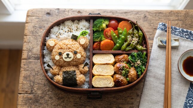 Delicious Japanese bento box with bear shaped rice and various vegetables and side dishes inside