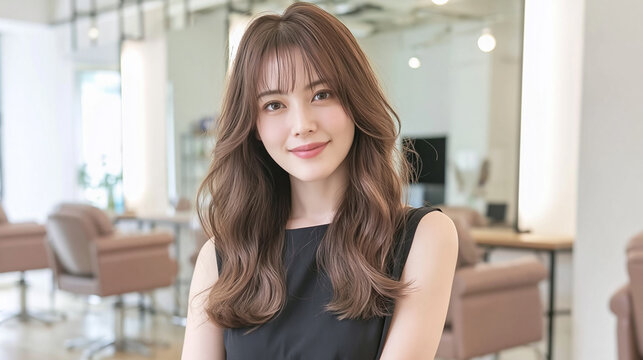 young Asian woman with wavy long brown dyed hair and bangs smiling confidently inside a modern bright professional beauty hair salon interior