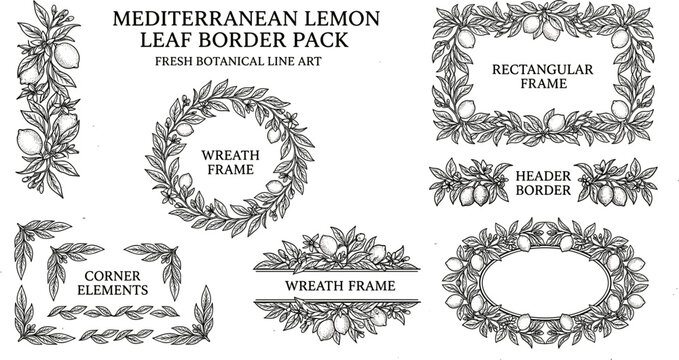 Mediterranean lemon leaf border pack with fresh botanical line art frames and dividers