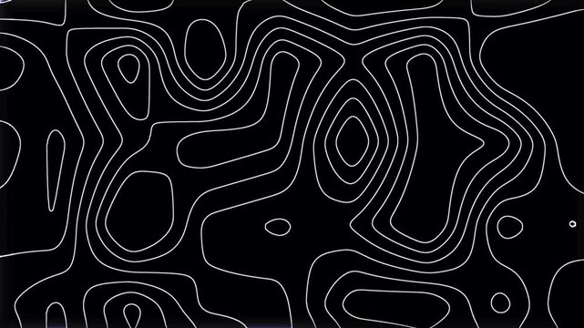 Abstract bright outline topographic contour map animated on black background. Moving irregularly shining line background. Smooth wave motion and moving terrain lines. Minimalism wavy lines animated.
