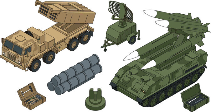 Isometric Military Vehicle and Air Defense Vector Set Featuring Multiple Rocket Launcher Truck Surface to Air Missile Tank Radar and Ammo Boxes