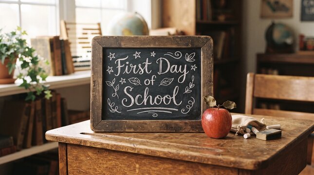 Vintage classroom setup with chalkboard and apple on desk for first day of school