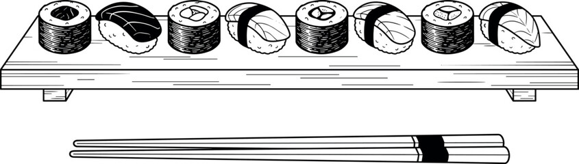 Japanese Sushi Combo Set on Wooden Geta Serving Board with Chopsticks Vintage Line Art Sketch for Asian Restaurant Menu Designs © EdGe Creative