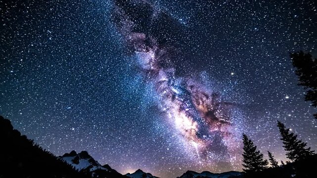 The Milky Way galaxy shines brightly in the night sky above a mountainous landscape.