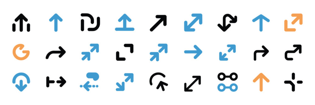 Arrows navigation icons, direction symbols, pointer signs, interface controls, movement indicators, minimalist vector design for web, mobile apps, and user interface.