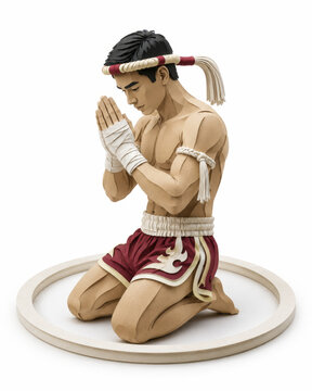 Muay thai fighter wai kru kneel prayer respect ritual muay thai fighter perform wai kru kneel in prayer gesture with hand wrap and headband isolated on white background studio illustration
