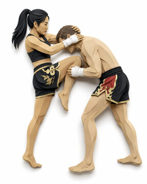 Muay thai fighter martial art clinch knee strike sparring woman man paper craft style training scene with focused intensity isolated on white background for combat sport concept
