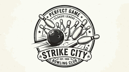 Vintage bowling club emblem with ball striking pins © ayu