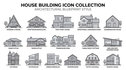 Residential architecture home styles blueprint icon collection © ayu