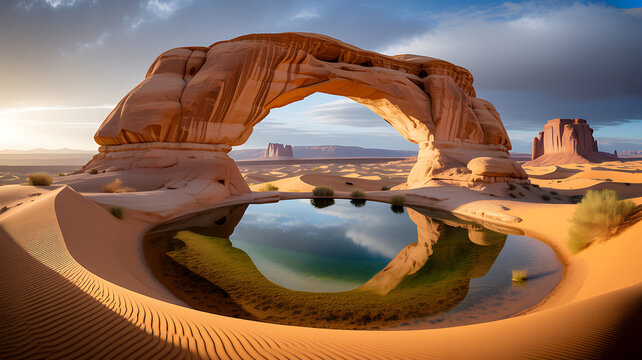 Desert landscape with sandstone arch and reflective pool, utah rock formation