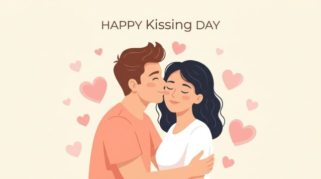 Happy kissing day illustration with a romantic couple embracing and kissing on the cheek surrounded by hearts