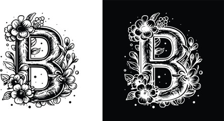 Letter b floral ornament, ornate capital letter b with flowers and leaves, elegant alphabet design. © Ripon Sojib