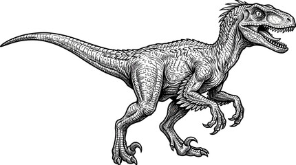 Feathered velociraptor dinosaur in detailed black and white line art © milano