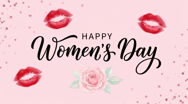 Happy womens day greeting card with red lipstick kiss marks and a watercolor pink rose on a soft pink background