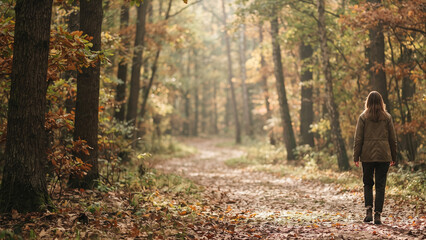 Fototapeta premium woman walking on a trail in an autumn forest